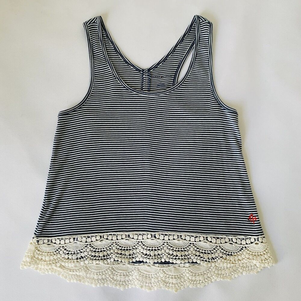 Tommy Hilfiger‎ Tank Top Womens S Blue Striped Lace Hem Coastal Nautical Preppy